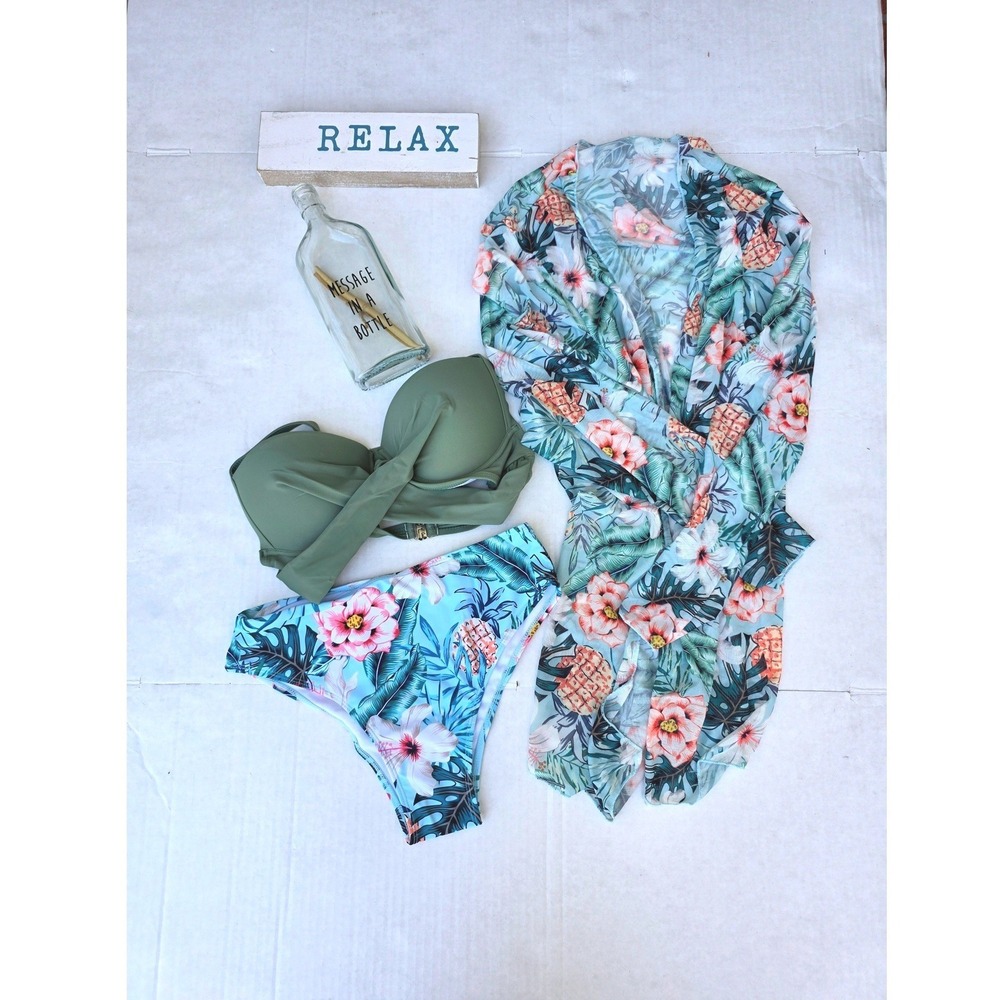 3-Piece Bikini Swim‎ Set & Kimono Cover Up Size M Tropical Pineapple Print NIP